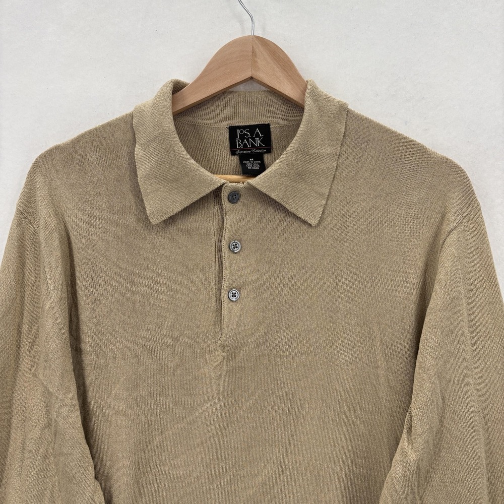 Jos A Bank Sweater Mens Medium Tan 100% Silk Long Sleeve Polo Pullover Knit - Picture 2 of 10